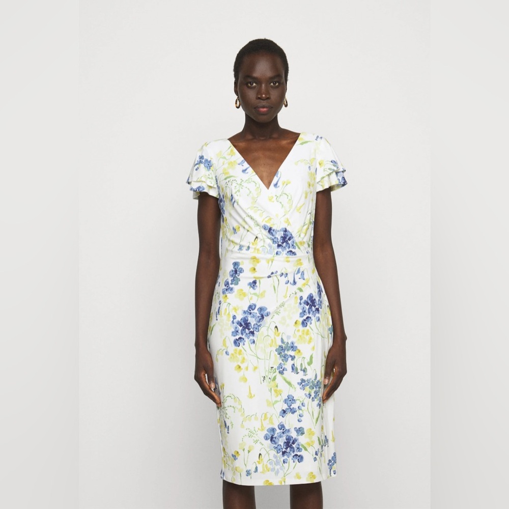 Ralph Lauren Blue and Yellow Flutter Sleeve Sheath Midi Dress